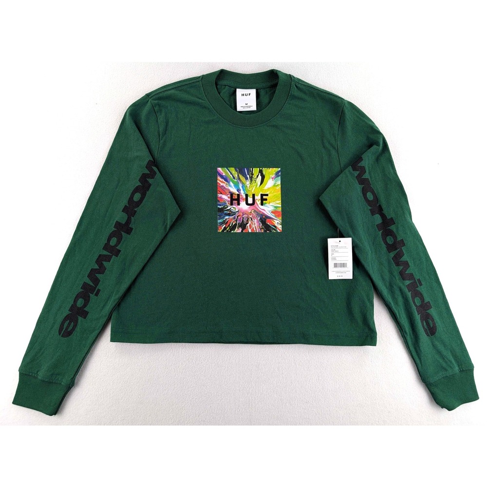 HUF Psyche Box Crop Long Sleeve Tee Womens Medium Green NWT Streetwear